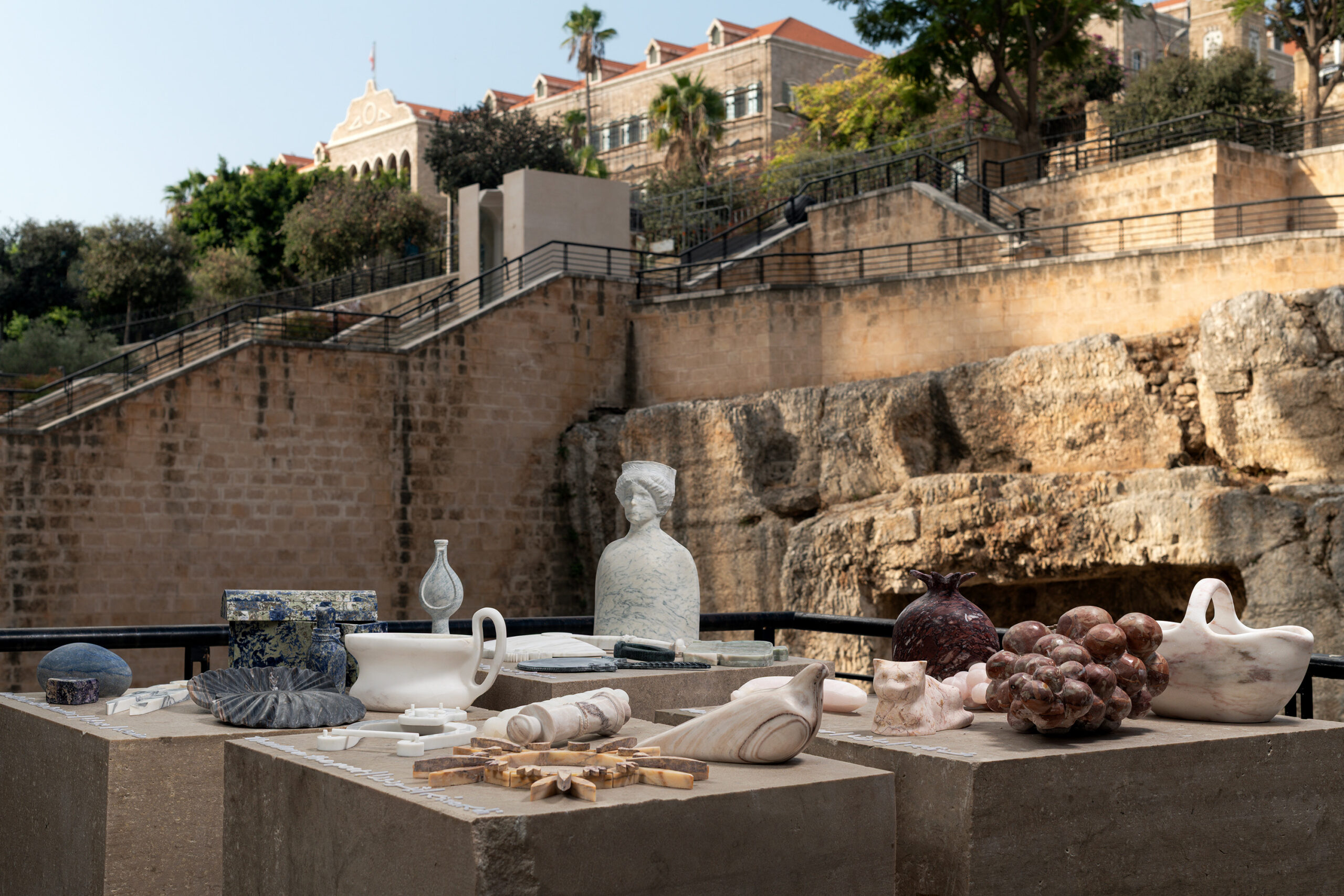 Products designed by Editions Levantine at the Roman Baths as part of We Design Beirut 2025 exhibition.