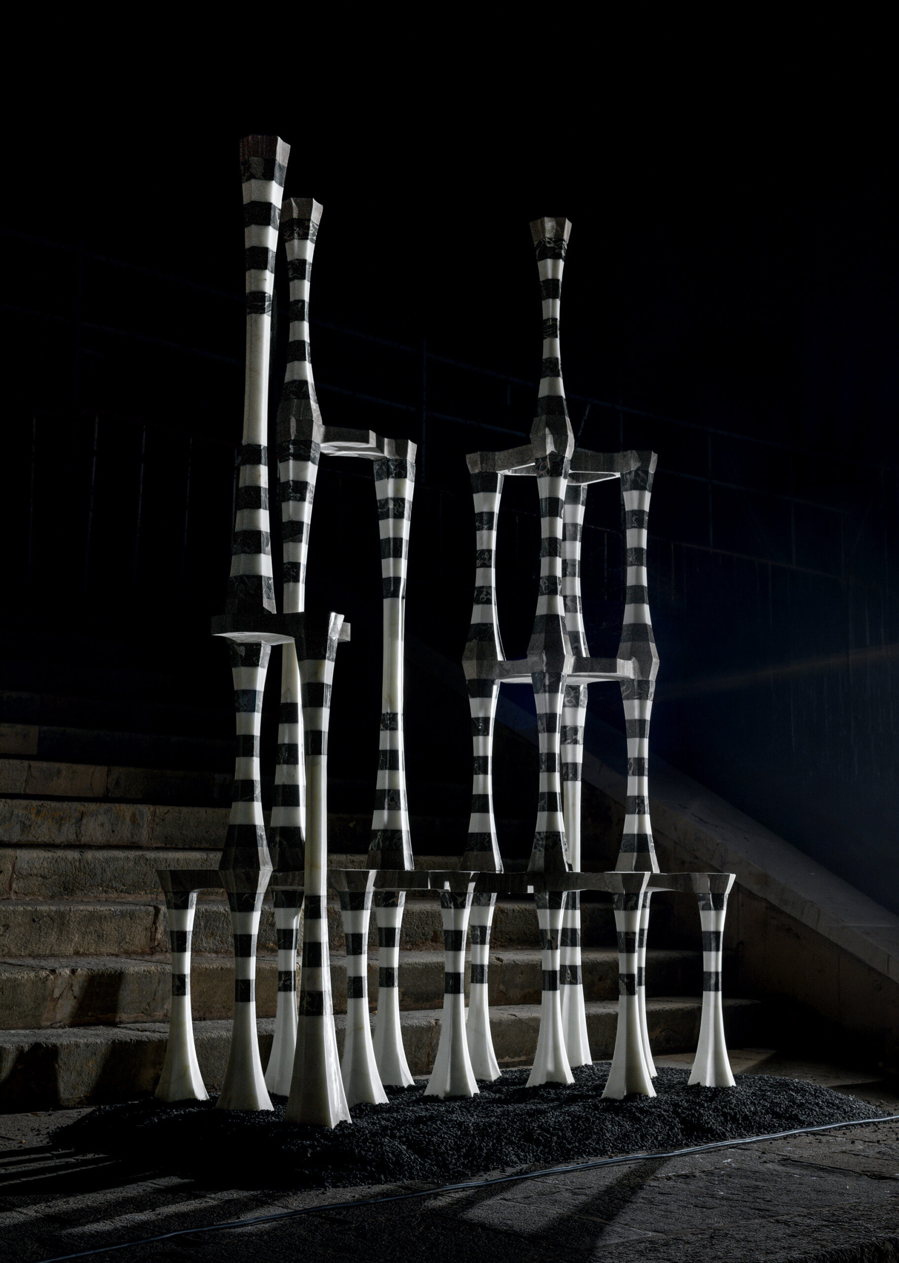 Night shot of Phillipe Daher installation at the Roman Baths as part of We Design Beirut 2025 exhibition.