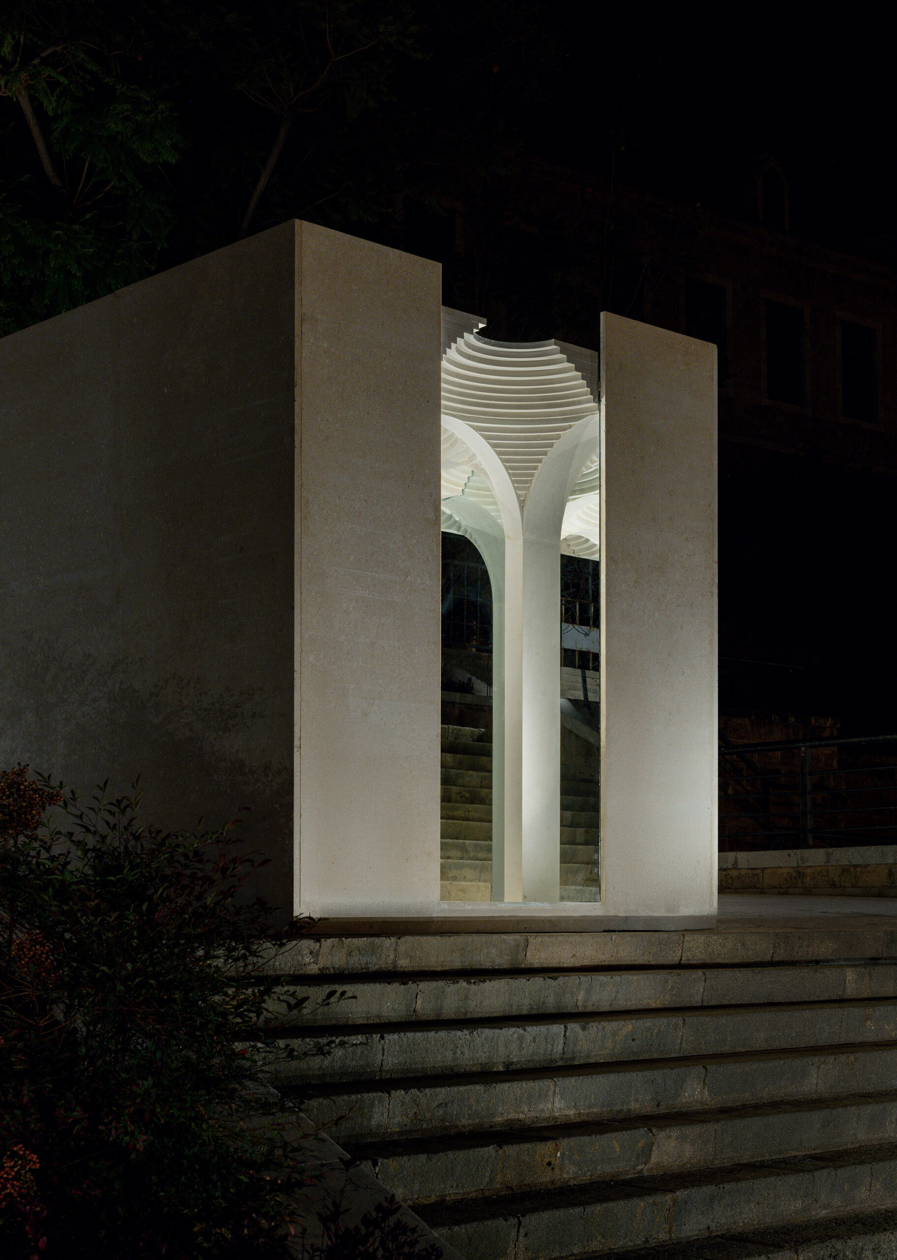 Night shot of Tarek Shamma installation at the Roman Baths as part of We Design Beirut 2025 exhibition.